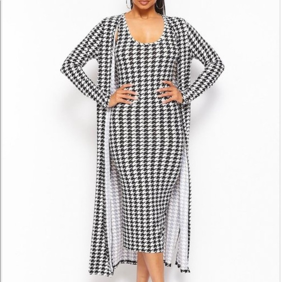 NEW FALL TRENDY HOUNDSTOOTH TWO PIECE TANK TOP MIDI DRESS LONG CARDIGAN SET - Picture 9 of 9
